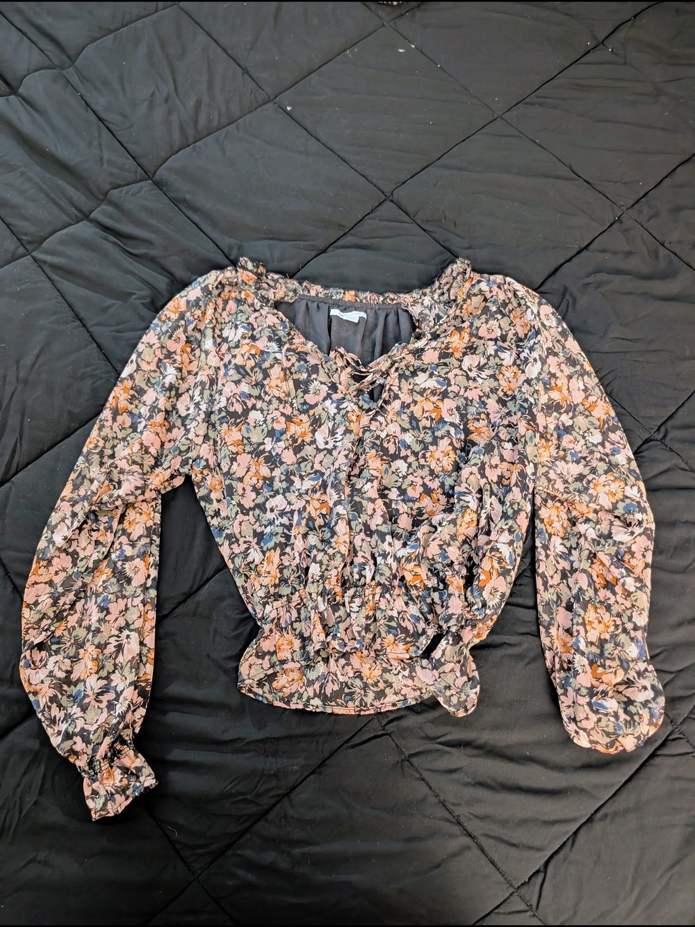 American Eagle Outfitters Peach and Black Floral Lace-Up Peasant Top